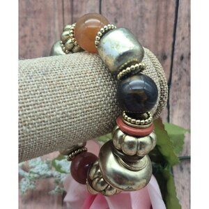 Chunky Lightweight Statement Stretch Bracelet Beaded Brushed Gold Tone